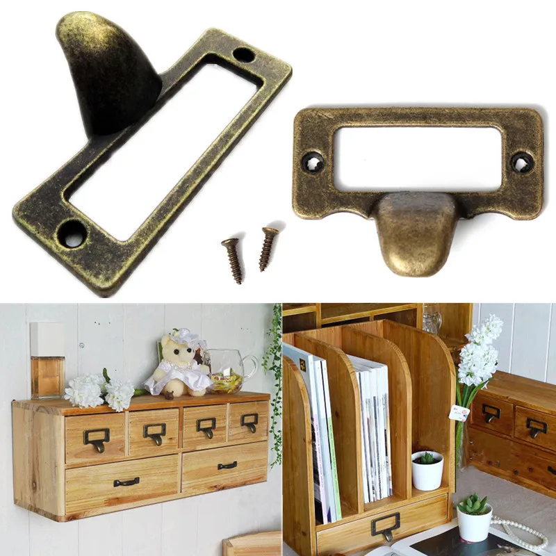 6pcs/lot File Name Card Handle Cabinet Handles Label Hold Antique Brass Drawer Label Pull Cabinet Frame Handle File Name Card