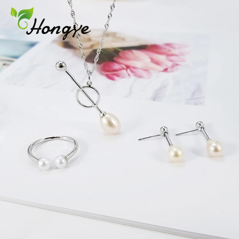 

Hongye Natural Pearl Set Female Personalized Stud Earrings Fashion Jewelry Sterling Silver Necklaces Adjustable Ring Kits