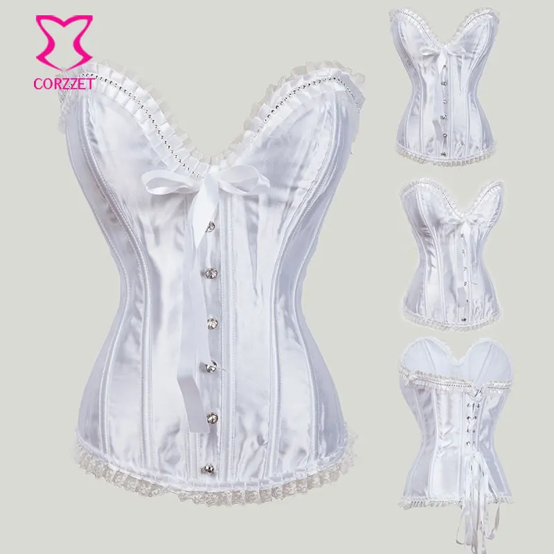Стразы и викторианские кружевные ранние бюстье атласное белое Бюстье Топ корсет
