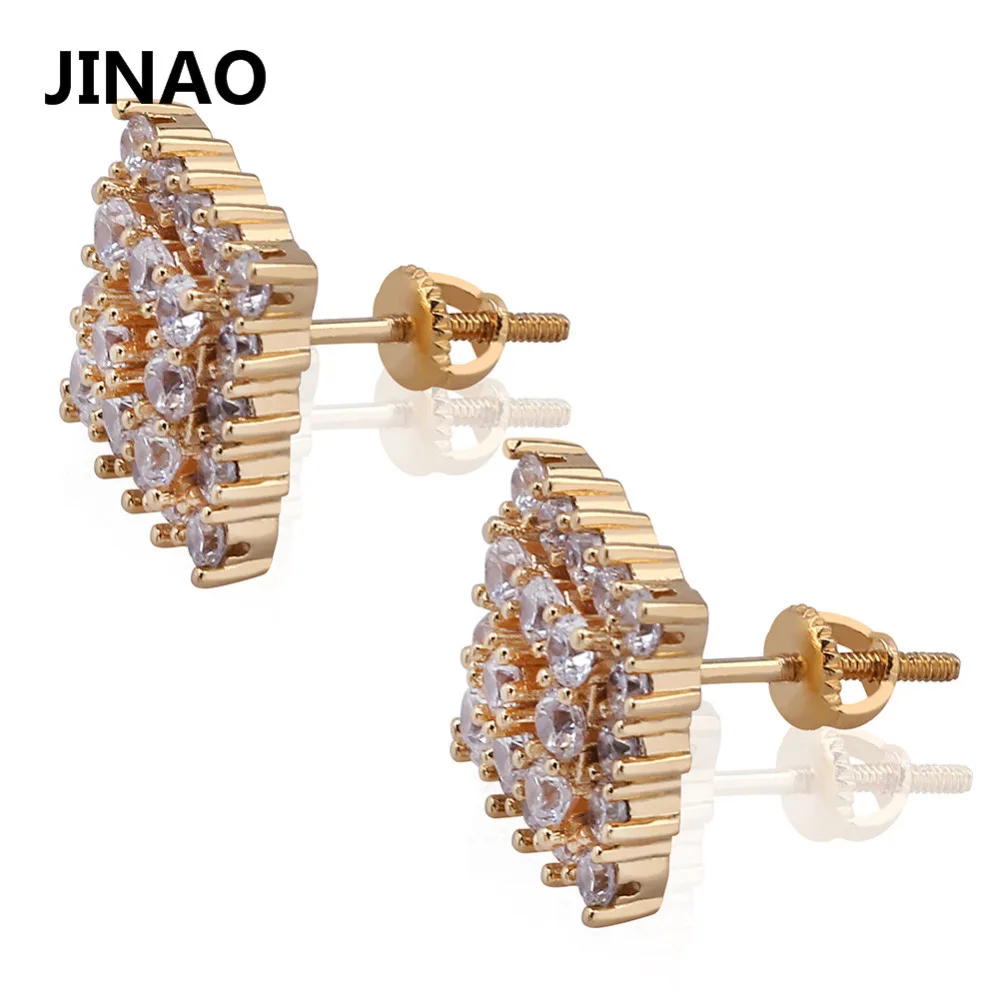 

JINAO Fashion AAA Cubic Zircon Hip Hop Jewelry Iced Out Shining Gold Color Square 925 Silver Stud Earring For Women Men Gifts