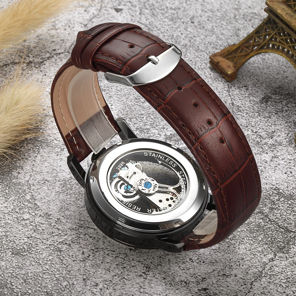 Ретро автоматические механические часы мужские креативные прозрачные скелетные самовзводные бронзовые черные коричневые кожаные мужские наручные часы