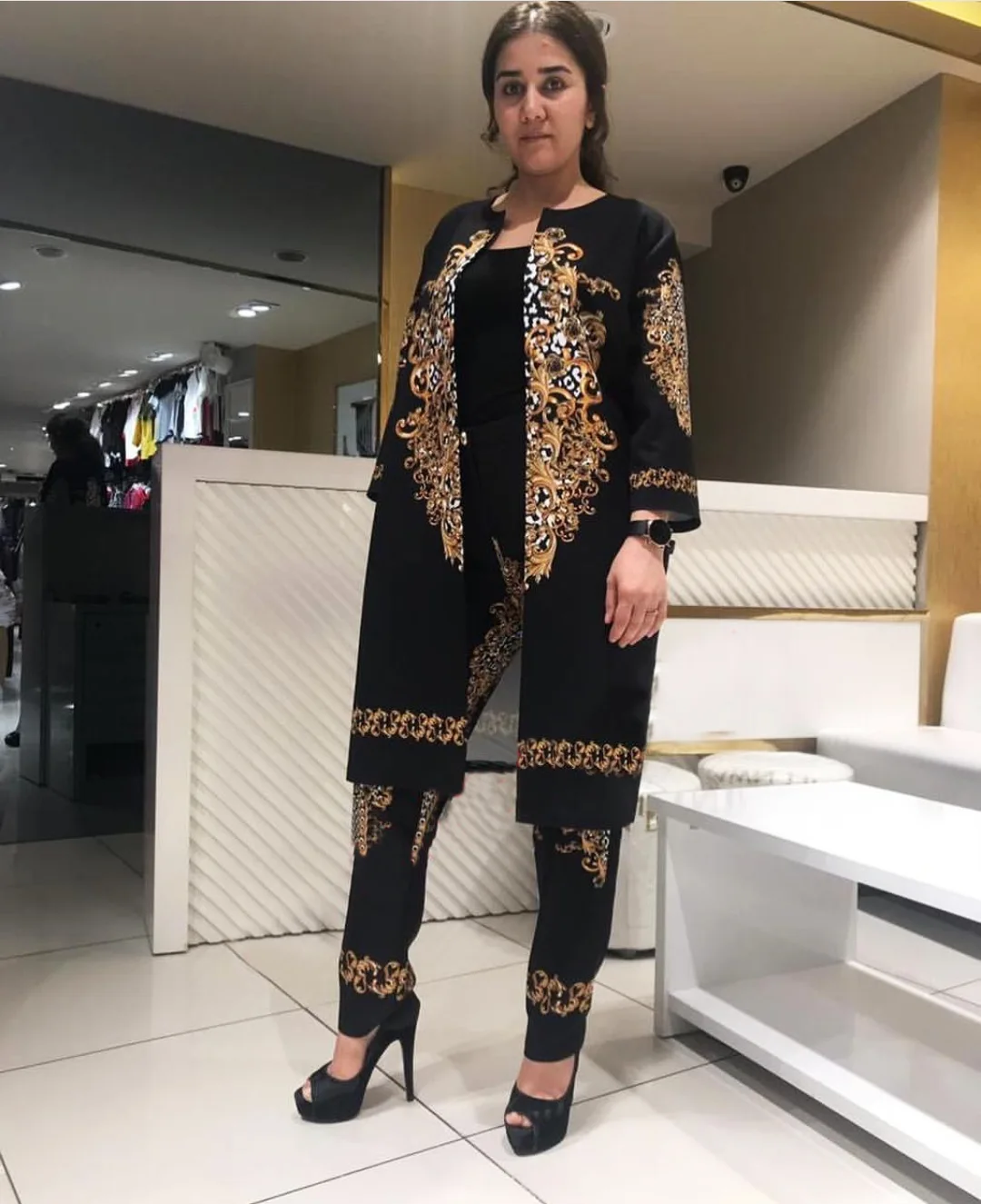 

2019 Fashion Digital Printing Europe, America and Africa Hot Long Coat + Pant Suit