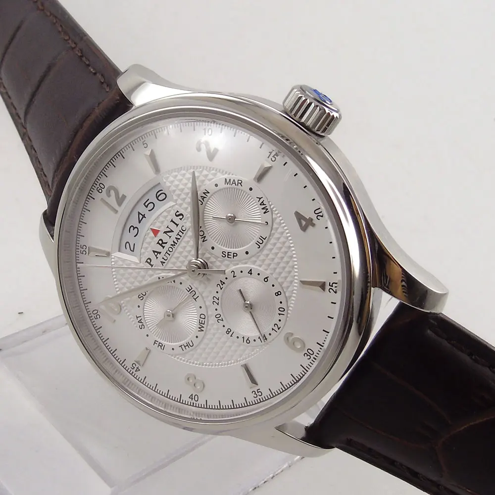 

2019 Valentines gifts Romantic Sweet 42mm parnis White Dial Date Day adjust Miyota Automatic movement men's Watch