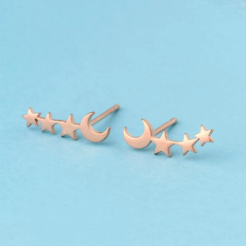 1Pair Moon Silver Cute mini Unique Exquesite Stud Earring Rose Golden Golden Star Campus style birthday Earring gift girls