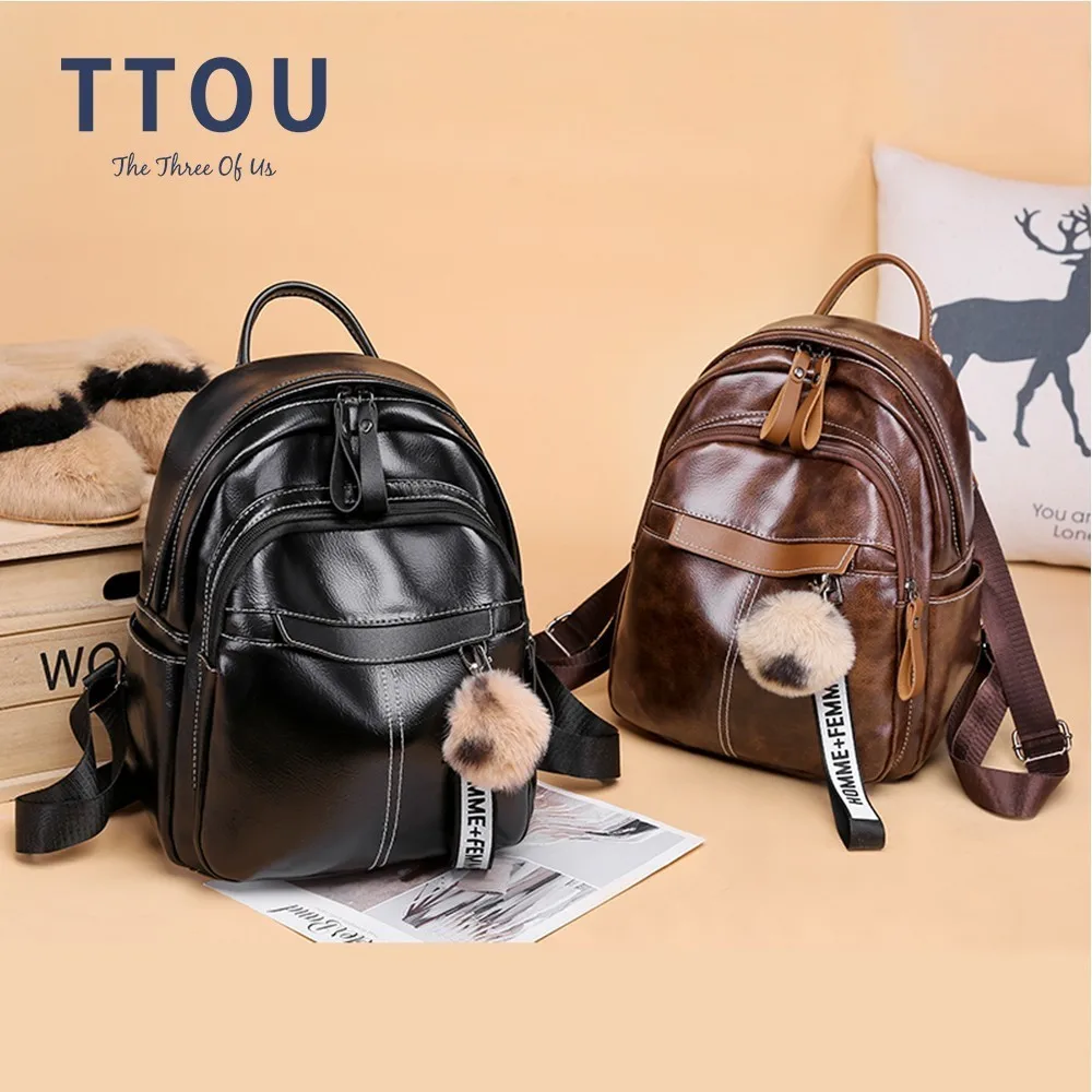 

Fashion Black Brown Leather Backpack Women Vintage Small Bag For Female Teenage Girls School Bag Hairball Backpacks mochila