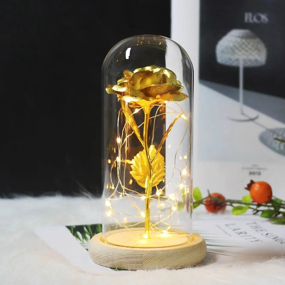 LED Gold Rose In Flask Glass Dome Beauty And The Beast Red Rose Decorative Flowers Wreaths For Valentine Gift Mother Day Gifts