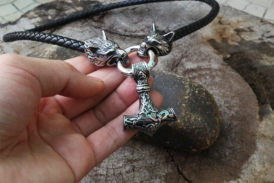 Men stainless steel necklace viking wolf head with thor's hammer mjolnir necklace pendan norse talisman ethnic jewelry