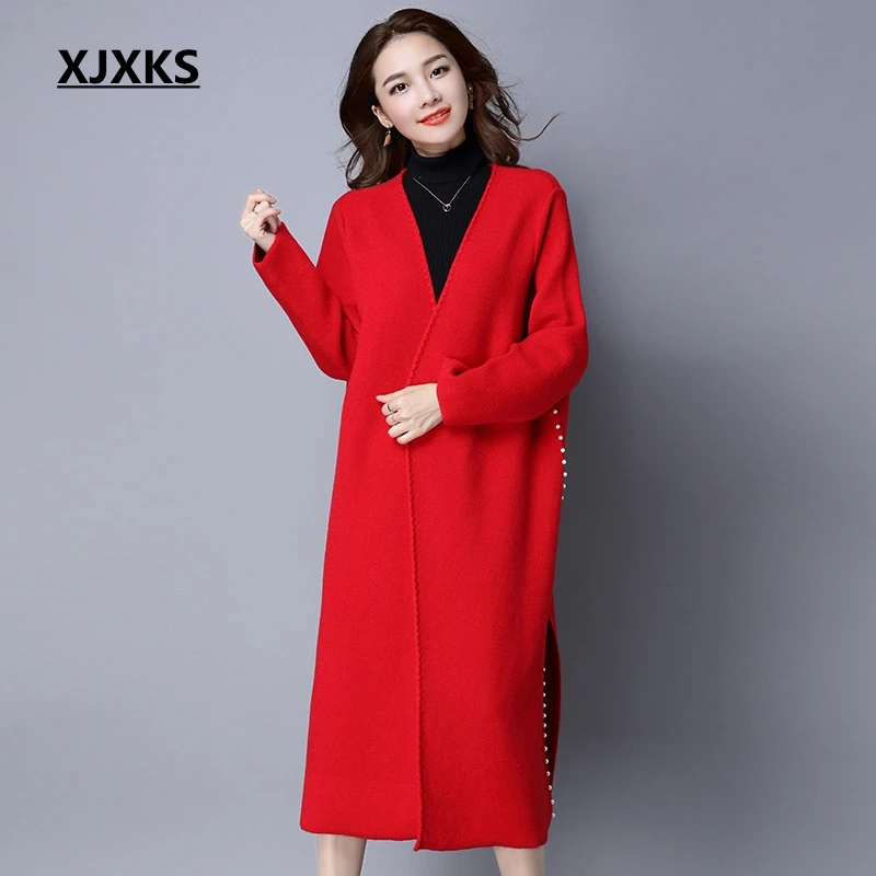 

XJXKS 2019 New Korean Version Long-sleeved Autumn And Winter Woolen Coat Cardigan Long Fairy Wool Coats Solid Women Coat