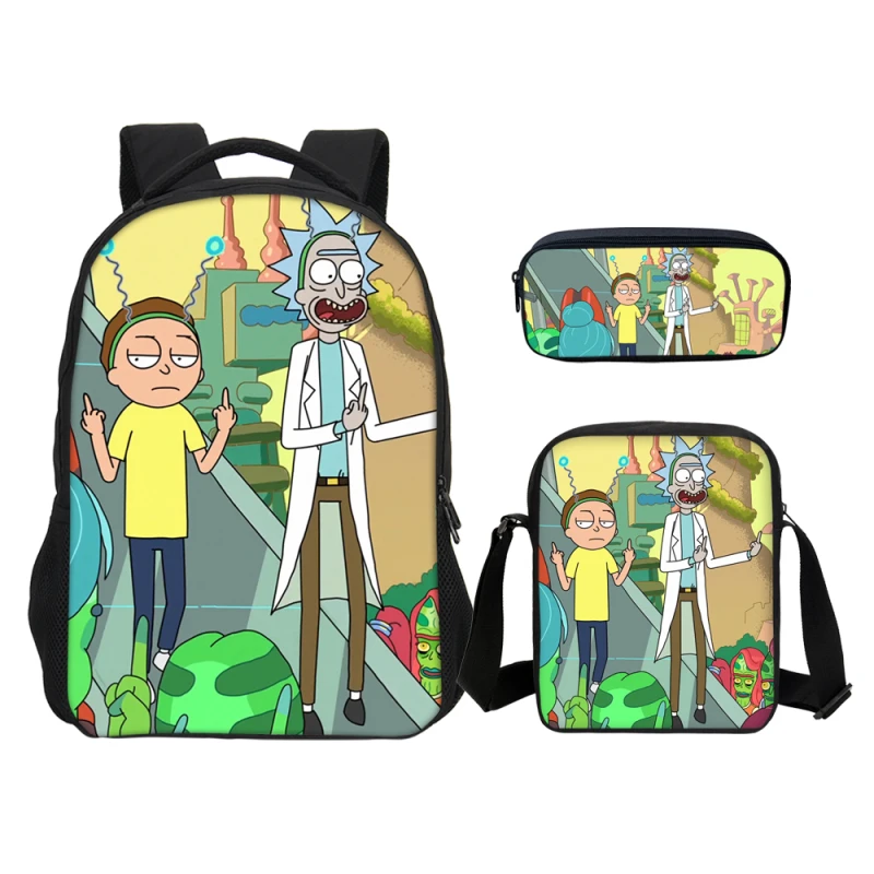 

VEEVANV Backpacks Pencil case 3PCS/SET For Boys Girls School Bag Fashion Anime Cartoon Rick And Morty Prints Bag Mochila Escolar