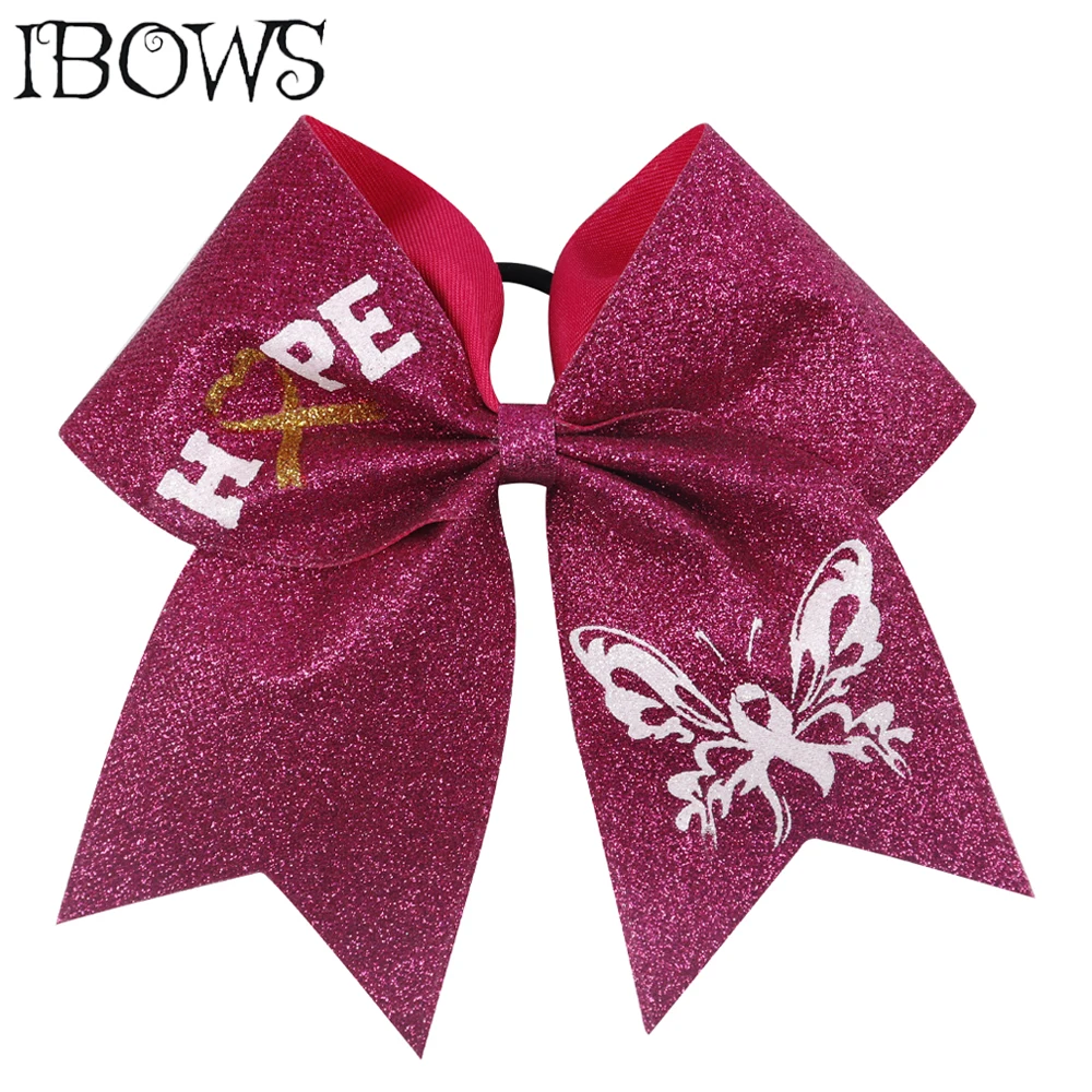 

7'' Bling Pink Glitter Cheer Bow Breast Cancer Hair Bows For Girls Hope Logo Cheerleading Bow With Elastic Hair Rope Headwear