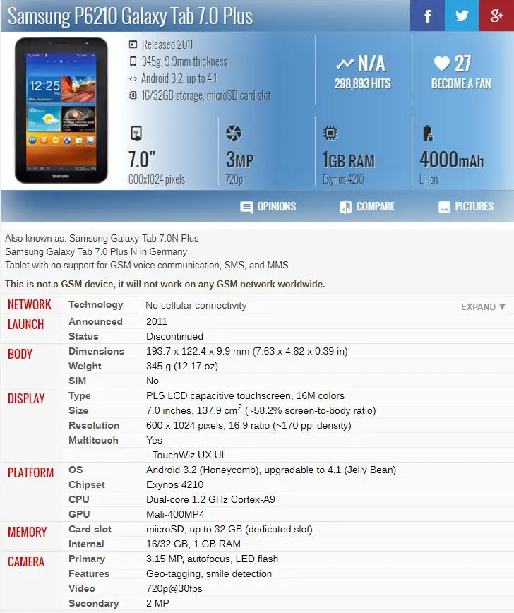 Samsung P6210 Galaxy Tab 7.0 Plus