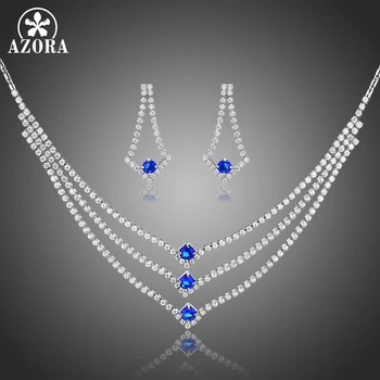 

AZORA New Luxury Wedding Necklace Earrings Set Blue Clear Round Cut Cubic Zirconia Jewelry Sets Women Lovers Party Gifts TG0253