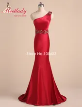 Einfache Meerjungfrau ein-schulter Red Satin Lange Perlen Kristall Pailletten Abendkleid Kleid Vestido De Festa A04