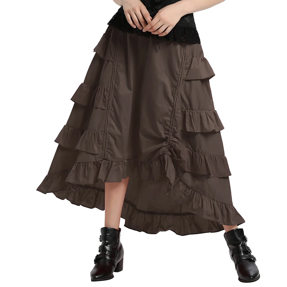 Коричневые Асимметричные тюлевые юбки в готическом стиле с оборками и кружевной отделкой, женская одежда в стиле стимпанк, юбка в викторианском стиле