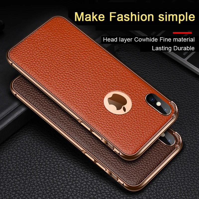 

Vintage Genuine Leather Phone Case For Iphone XS MAX XR X Plating Metal frame Bumper Back Cover For IPhone 7 8 S Plus
