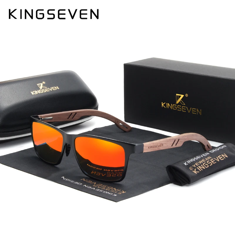 Goedkoop KINGSEVEN 2019 Nieuwe Ontwerp Aluminium + Handgemaakte Walnoot Houten Zonnebril Mannen Gepolariseerde Brillen Accessoires Zonnebril Voor Vrouwen