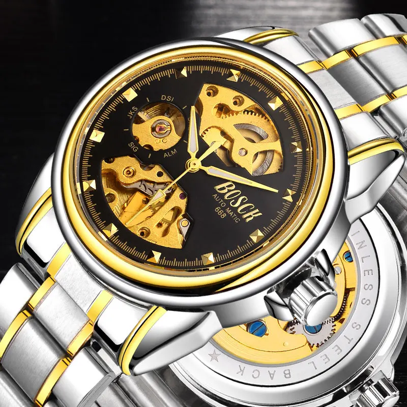 BOSCK العلامة التجارية الذهبي الفاخرة التلقائي الميكانيكية الرجال ووتش الهيكل العظمي الهاتفي للماء الذاتي لف الساعات الذهب الذكور ساعة الذات... BOSCK العلامة التجارية الذهبي الفاخرة التلقائي الميكانيكية الرجال ووتش الهيكل العظمي الهاتفي للماء الذاتي لف الساعات الذهب الذكور ساعة الذات...
