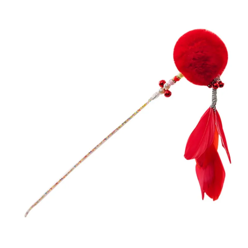 Дразнилка для котенка палочка перо, который поможет избавиться от Интерактивная палочка удочка для рыбной ловли с колокольчиком с меховыми помпонами для домашних животных - Цвет: Красный