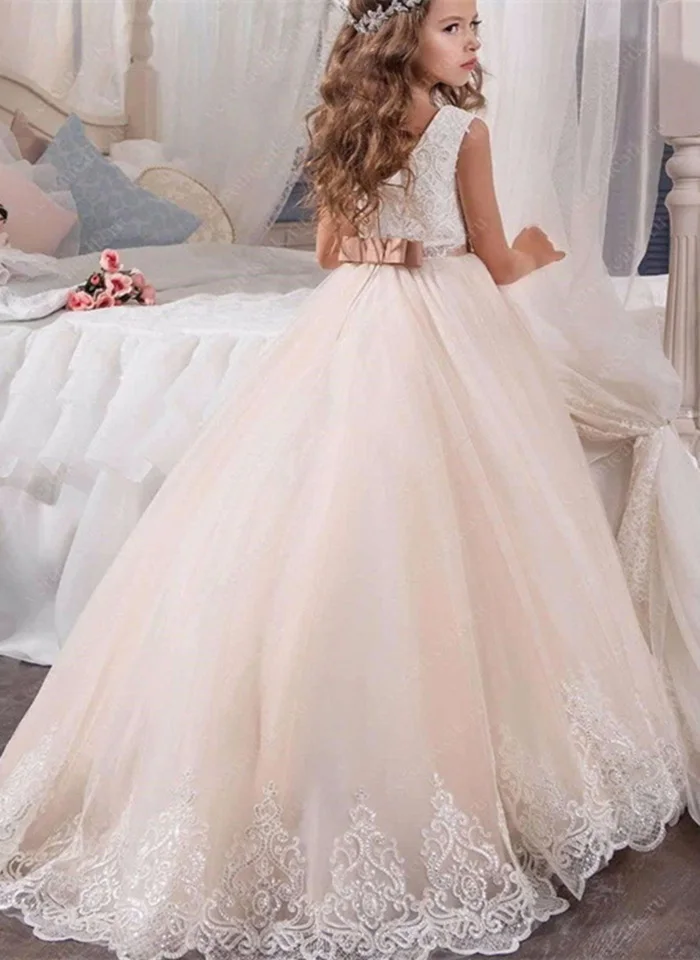 Платья с цветочным узором для девочек; пышные платья из тюля без рукавов с круглым вырезом и аппликацией; свадебное платье для причастия на заказ
