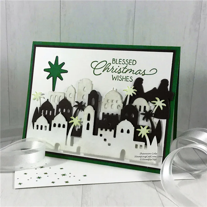 

Julyarts 5Pcs/lot 14*14cm 115*60MM Clear Stamps Metal Cutting Dies for Scrapbooking Bethlehem Building Dies Stamp Stencil