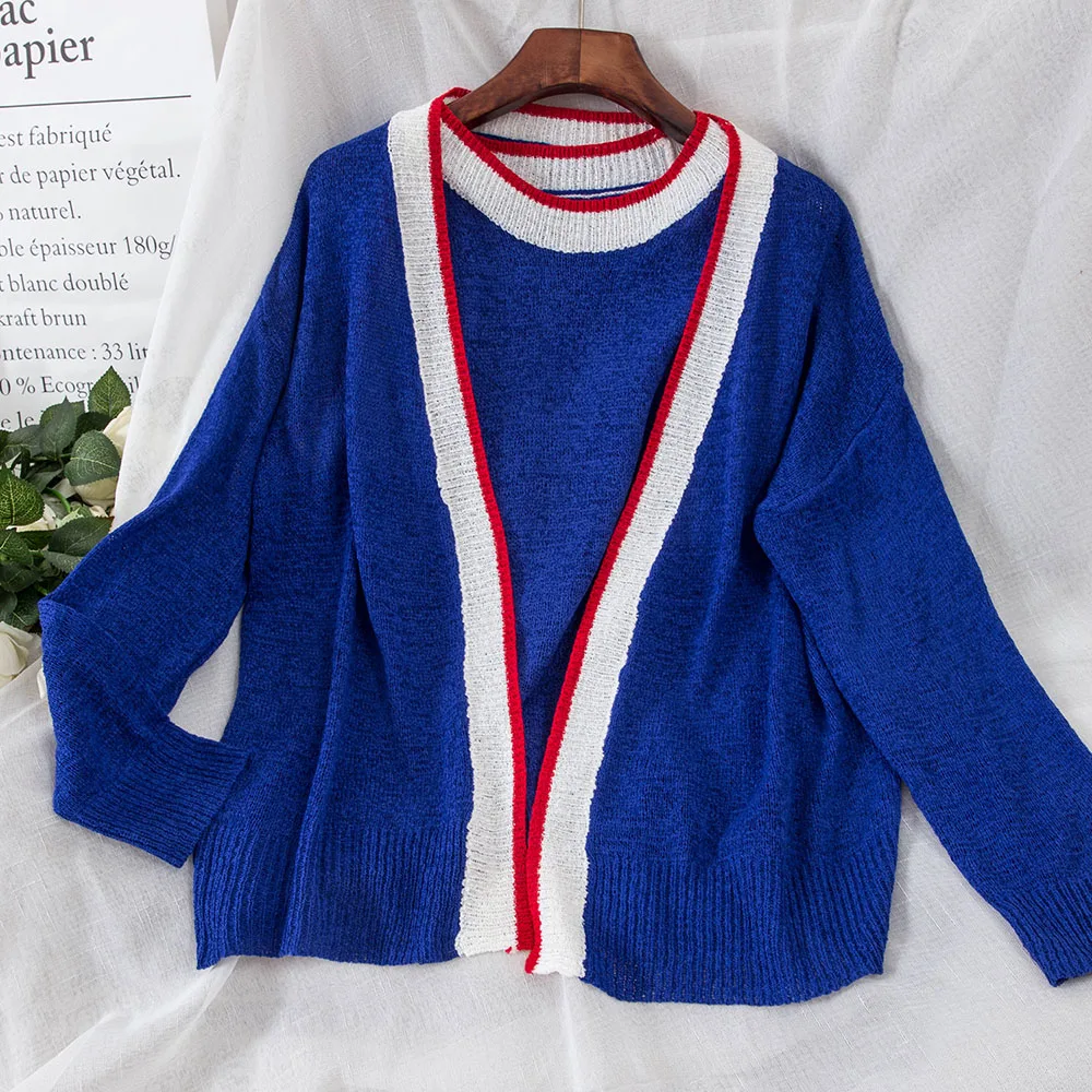 2018 Autumn Vintage Women Two Piece Sweater Set Color Block Knitted