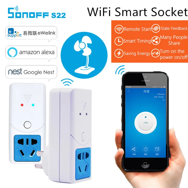 

eWeLink Sonoff S22 Plug AC90-250V, 50/60Hz 10A 1 way WiFi Smart Socket Android/IOS/WeChat Wireless Remote Control Timing Switch