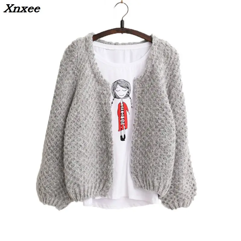 

Autumn winter New Women Korean short Cardigan Crochet Casual Oversized Knitted Coat bat sleeve Thick Cardigan sweater Xnxee