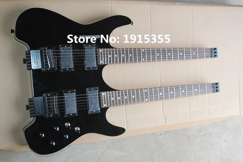 Factory custom double neck black body no headstock electric guitar with