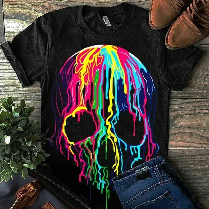 

Colorful Skull Men T Shirt Black Cotton S 6Xl