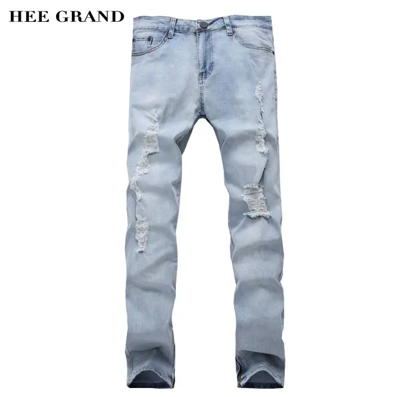 

HEE GRAND Men Jeans 2017 New Arrival Hole Decoration Zipper Cuff Design Straight Demin Trousers Size 28-35 MKN1002