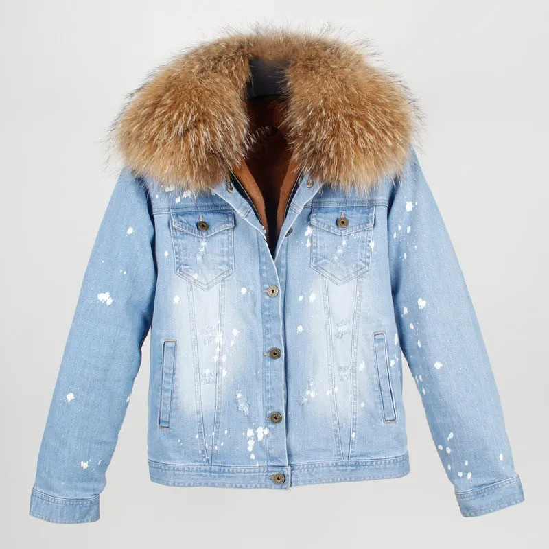 Толстая джинсовая куртка с подкладкой из искусственного меха, пальто с большим меховым воротником, Женское зимнее пальто, куртка с длинным рукавом и дырками, джинсовая куртка - Цвет: 14