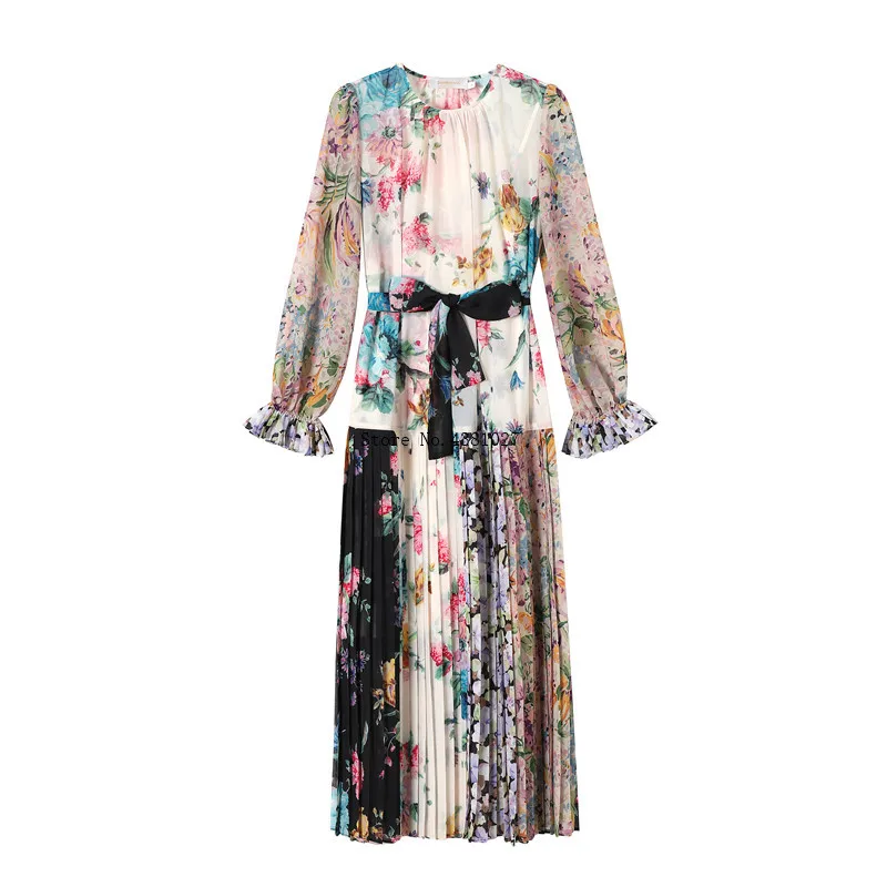

2019 New Silk Women's Color Printing Splice Long Sleeve O-Neck Puff Sleeve Long Dress