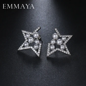 

EMMAYA Cute Silver Color Star Stud Earrings Round Simulated Pearl Stud Earrings for Women Fashion New Crystal Cz Earring