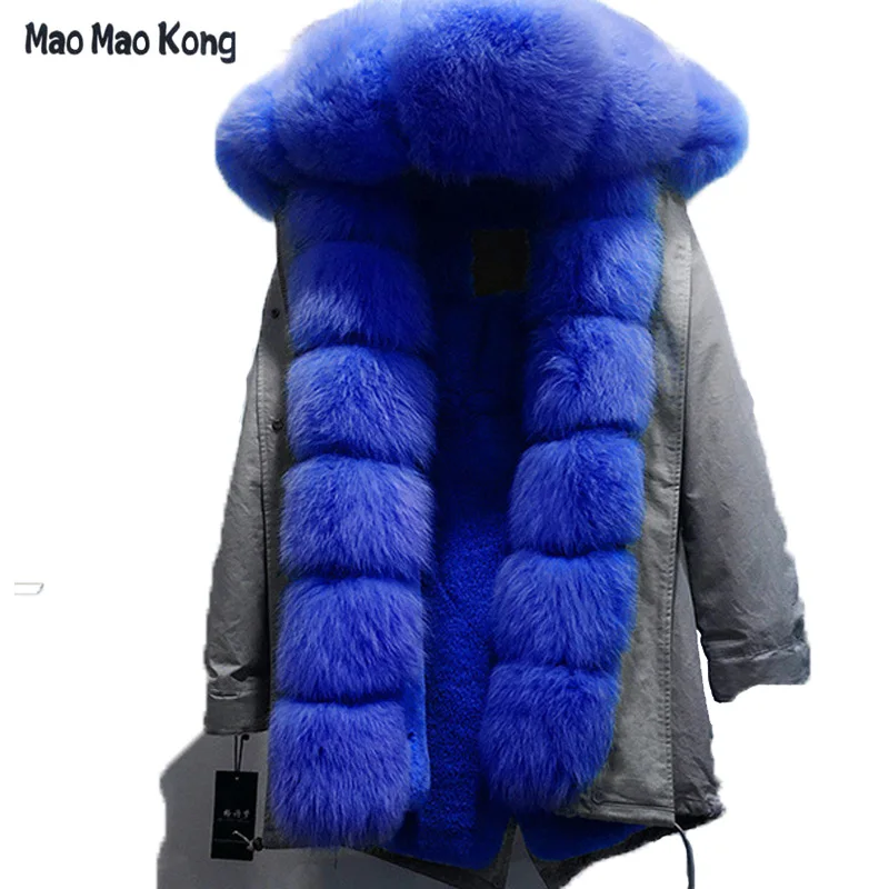 

Wholesale Winter Luxury Fur long Jacket with Genuine Fox Fur Trim Hood and Cuff Jacket for Elegant Women