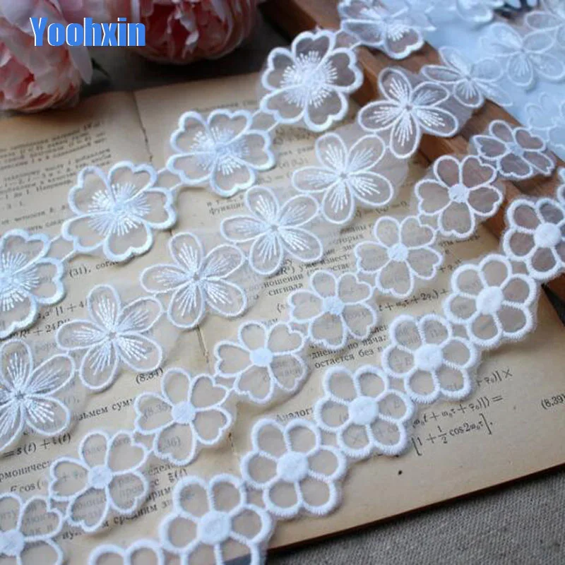 

HOT Cotton Embroidered White flower lace fabric dubai sewing DIY trim tulle applique Ribbon collar wedding dress guipure decor