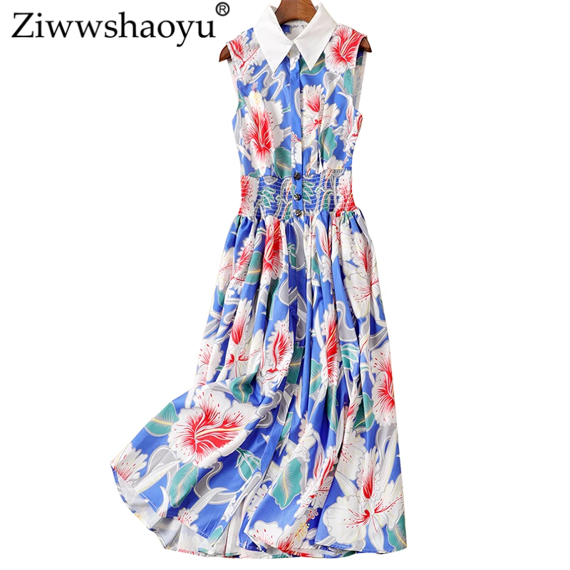 

Ziwwshaoyu Elegant Print dresses Turn-down Collar Button Waist Big pendulum dress Summer new women's