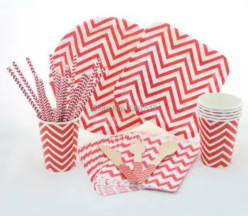 

716pcs/lot Party Tableware Set CUP PLATE STRAW NAPKIN WOODEN CUTLERY Red Color Chevron Party Tableware for Wedding Birthday