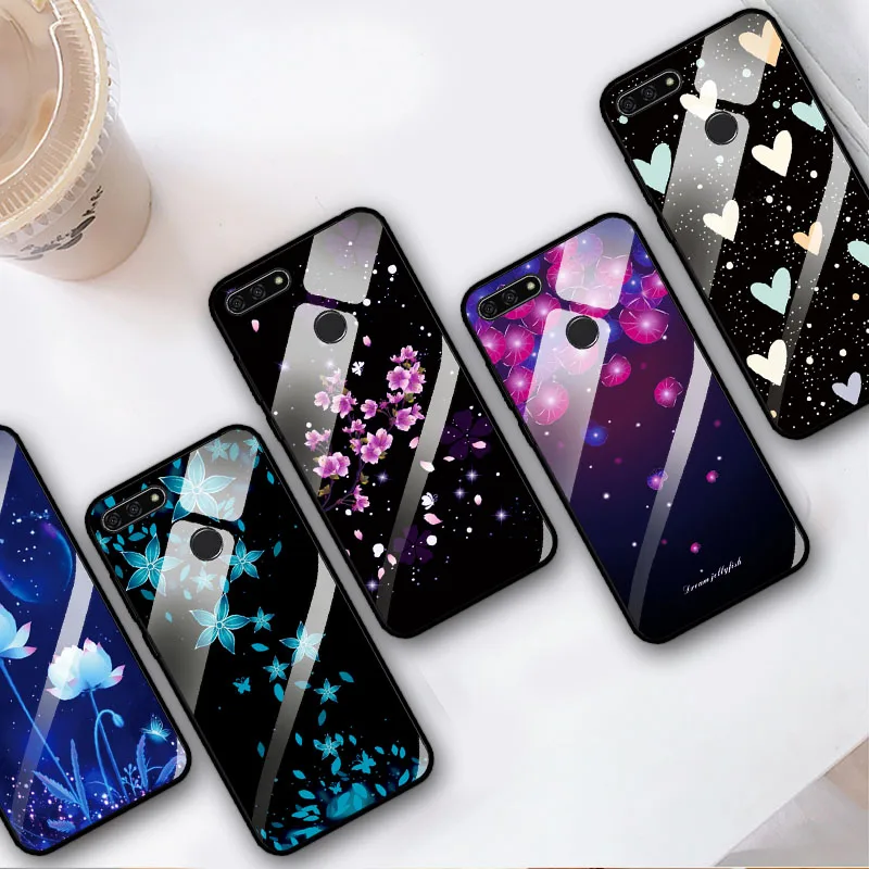 

Tempered Glass Case For Huawei Honor 8C Flowers Cover Case Honor8C Soft Edge Glass Back For Huawei Honor 8C BKK-L21 Phone Shell