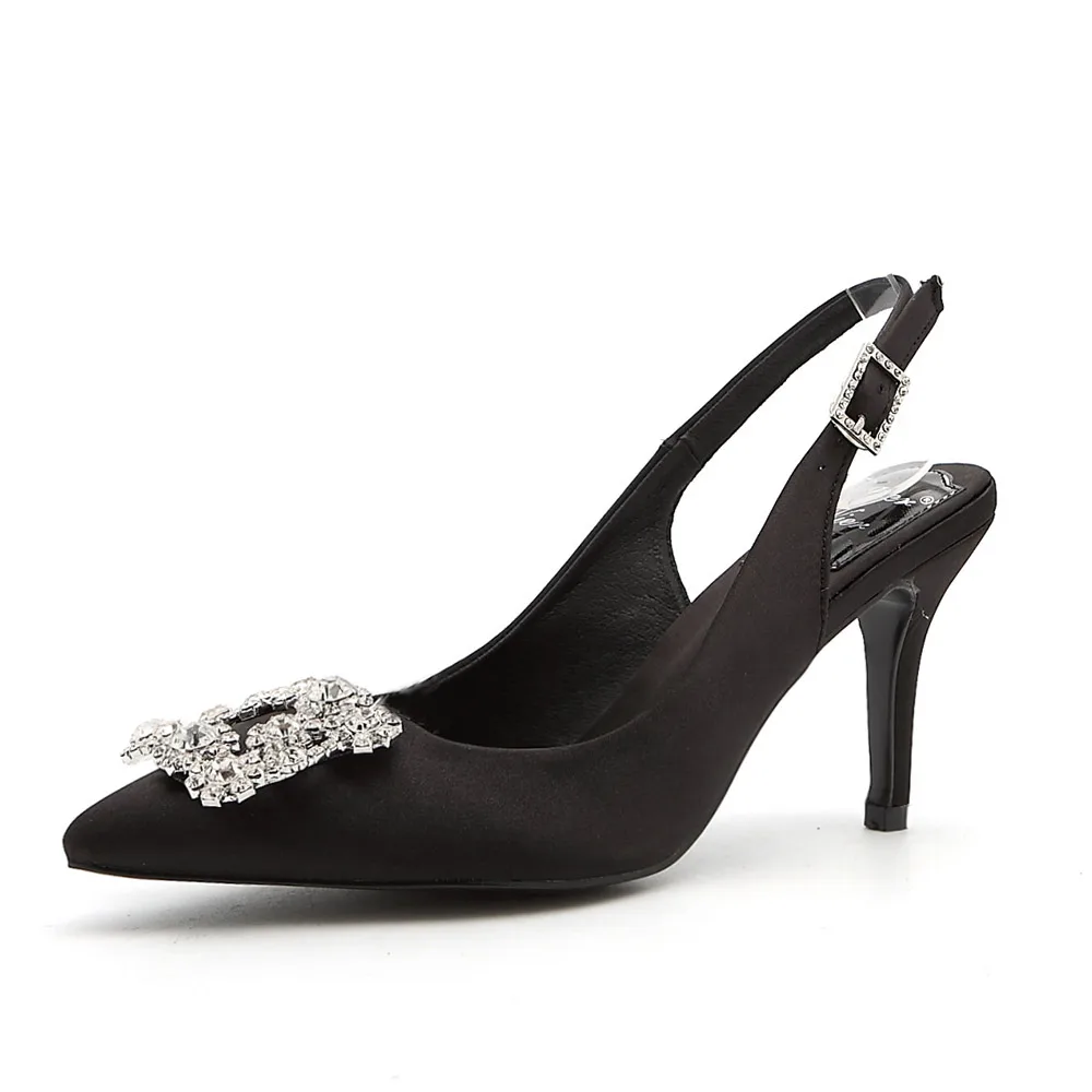 WEIQIAONA Новинка весны женские туфли-лодочки на высоком каблуке элегантная обувь с пряжкой и стразы свадебные туфли с острым носком, брендовые дизайнерские сандалии - Цвет: 8cm heel black