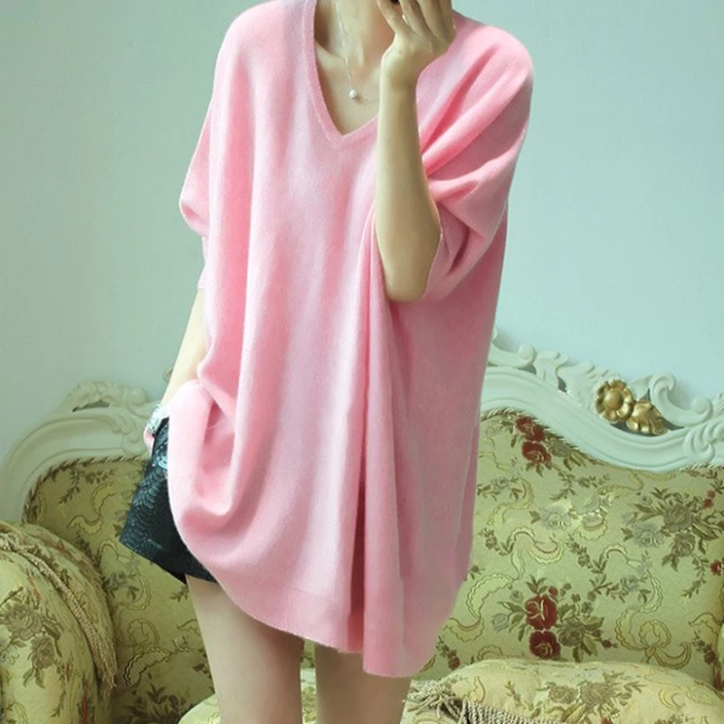Spring Autumn Winter New V-Neck Oversize Loose Sweater Women Knit Top Casual Pullovers Short Sleeve Big Size Female Cashmere | Женская