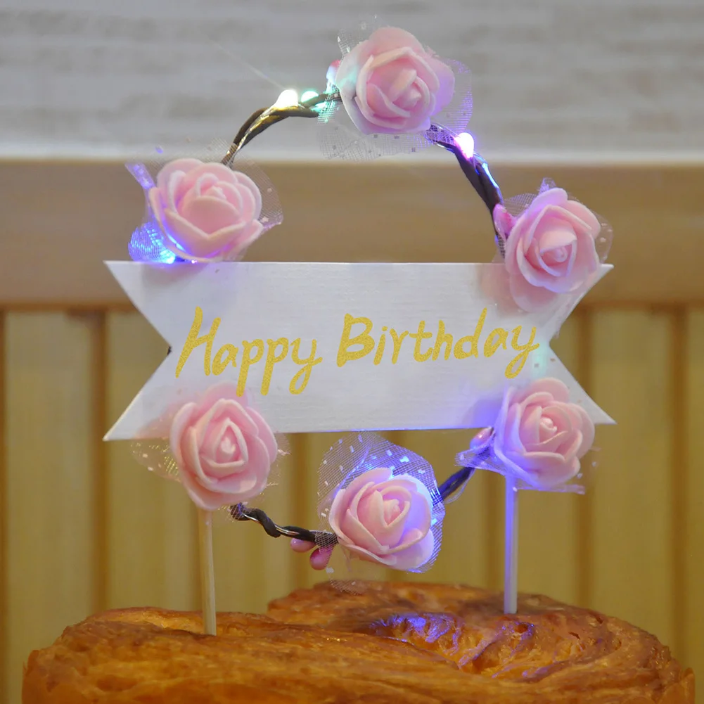 Party Supplies Birthday Dessert Reusable Anniversary Exquisite Cake Topper Romantic Flower Garland DIY LED Lighting Gift Flag