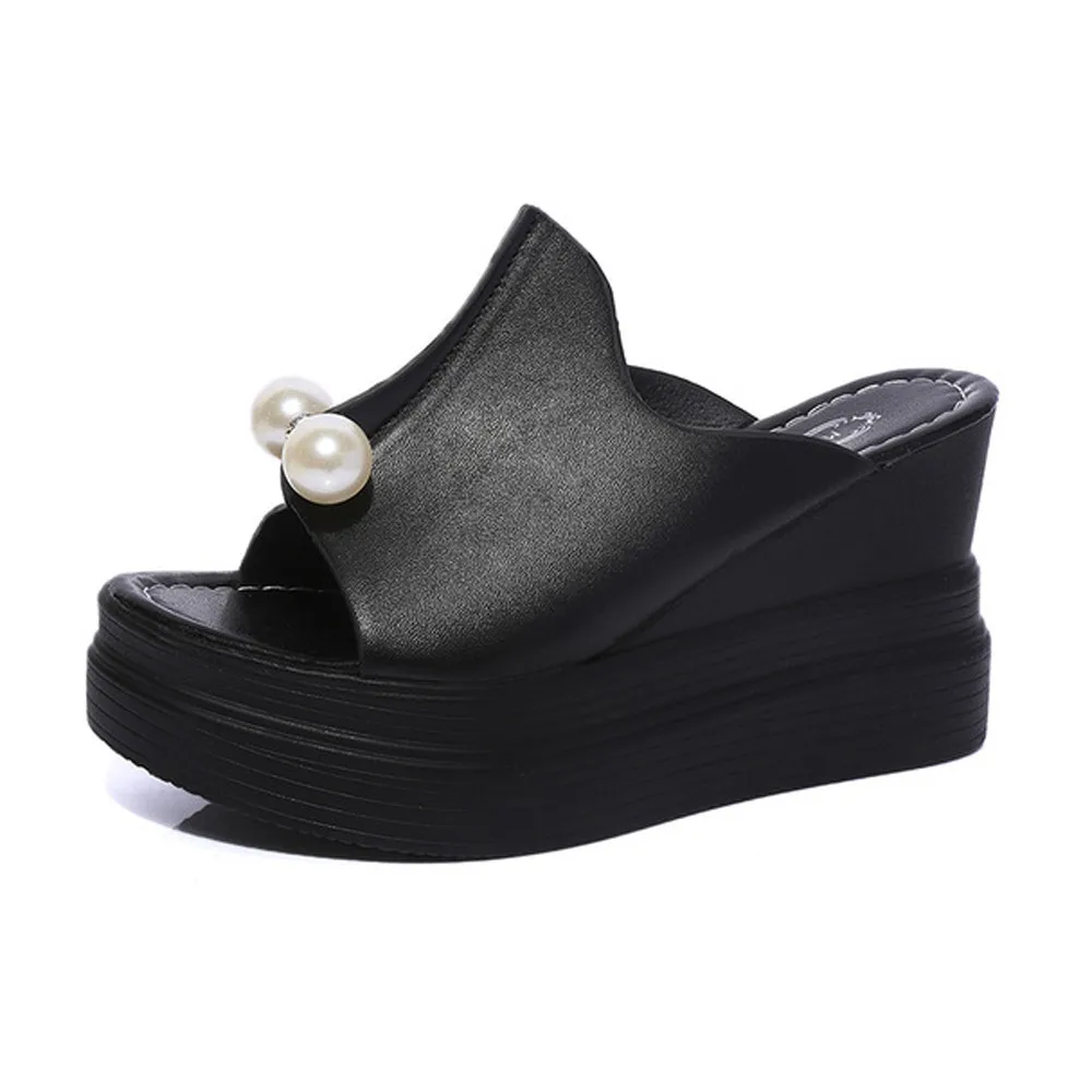 

Women Summer Sandals Thick Heel Platform Wedges Sandals Pearl Waterproof Slippers Sandalias Slides White Black High Shoes