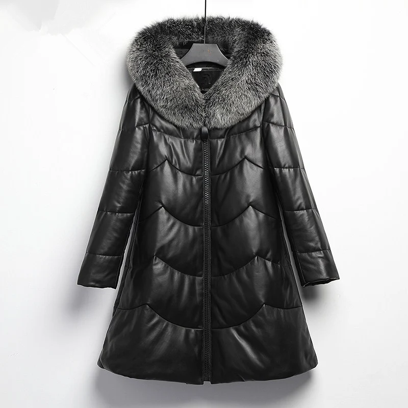 

YOLANFAIRY Geniune Leather Jacket Women Real Sheepskin Leather Winter Warm Down Coat Fox Fur Collar Plus Size FD117 MF512