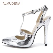 ALMUDENA/Роскошные брендовые Серебристые модельные туфли-лодочки под змеиную кожу модельные туфли с острым носком и Т-образным ремешком с пряжкой Великолепные туфли-лодочки с вырезом на пятке