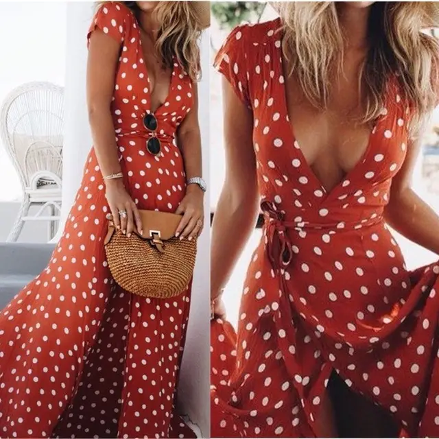 2018 Long Summer Dress Sexy V Neck Short Sleeve Maxi Dresses Dot Print Beach Sundress Vintage Boho Vestidos Wrap Dress 1