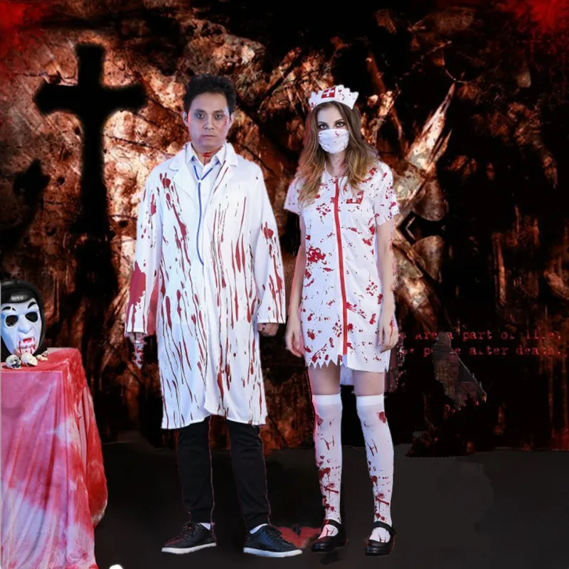 Хэллоуин маскарад праздничное платье пара ужас врач-мужчина Cos костюм Ужасы кровавый медсестер Одежда для взрослых