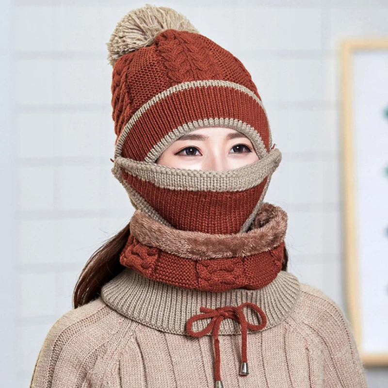 Для женщин утолщенные зимние шапочки вязаная шапка с теплой маски и средства ухода за кожей Шеи Шарф драйвер Windstop наборы для