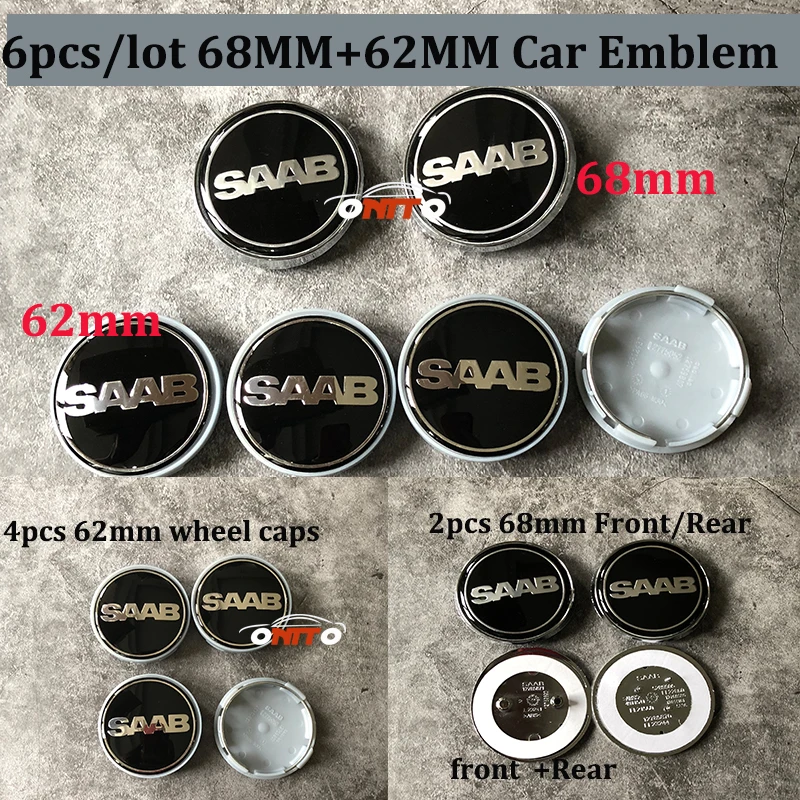 

6PCS/SET Car emblem Logo Badge For SAAB 9-3 9-5 93 95 B 68mm 2pins 3pins head Front Boot Rear label+62mm Car wheel center caps