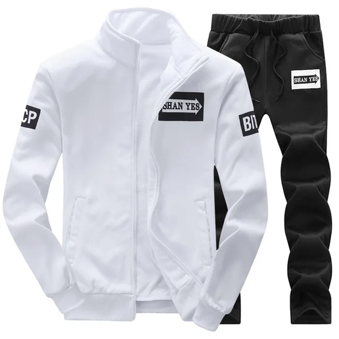 Casual Tracksuit Men Sweatshirts Slim Men Set Pants Suits Solid Long Sleeved Male Clothing Hoodie+Pants Men Sportswear - Цвет: 22 White Suit