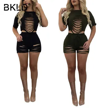 

BKLD 2018 Summer Sexy Two Piece Outfits Casual Women Short Sleeved Crop Tops+Drawstring Shorts Set Fashion Sexy Holes Tracksuits